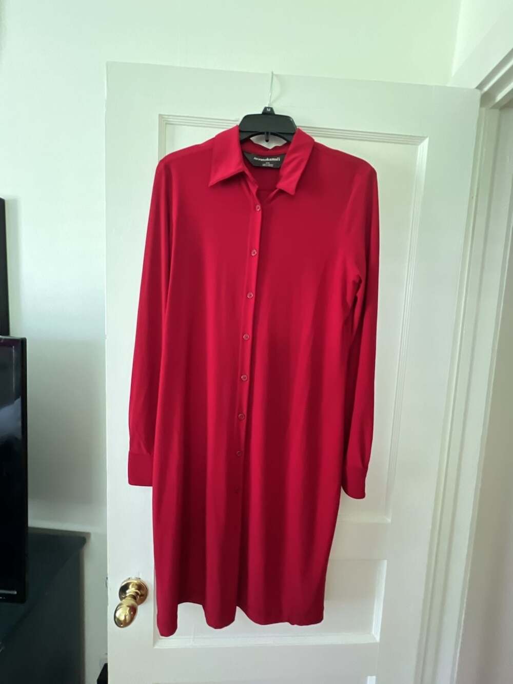 Norma Kamali Long Sleeve Jersey Shirt Dress in Red